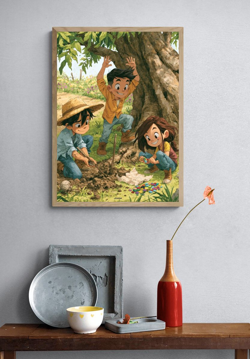 Children Playing Under Tree Illustration Poster. — room view 3