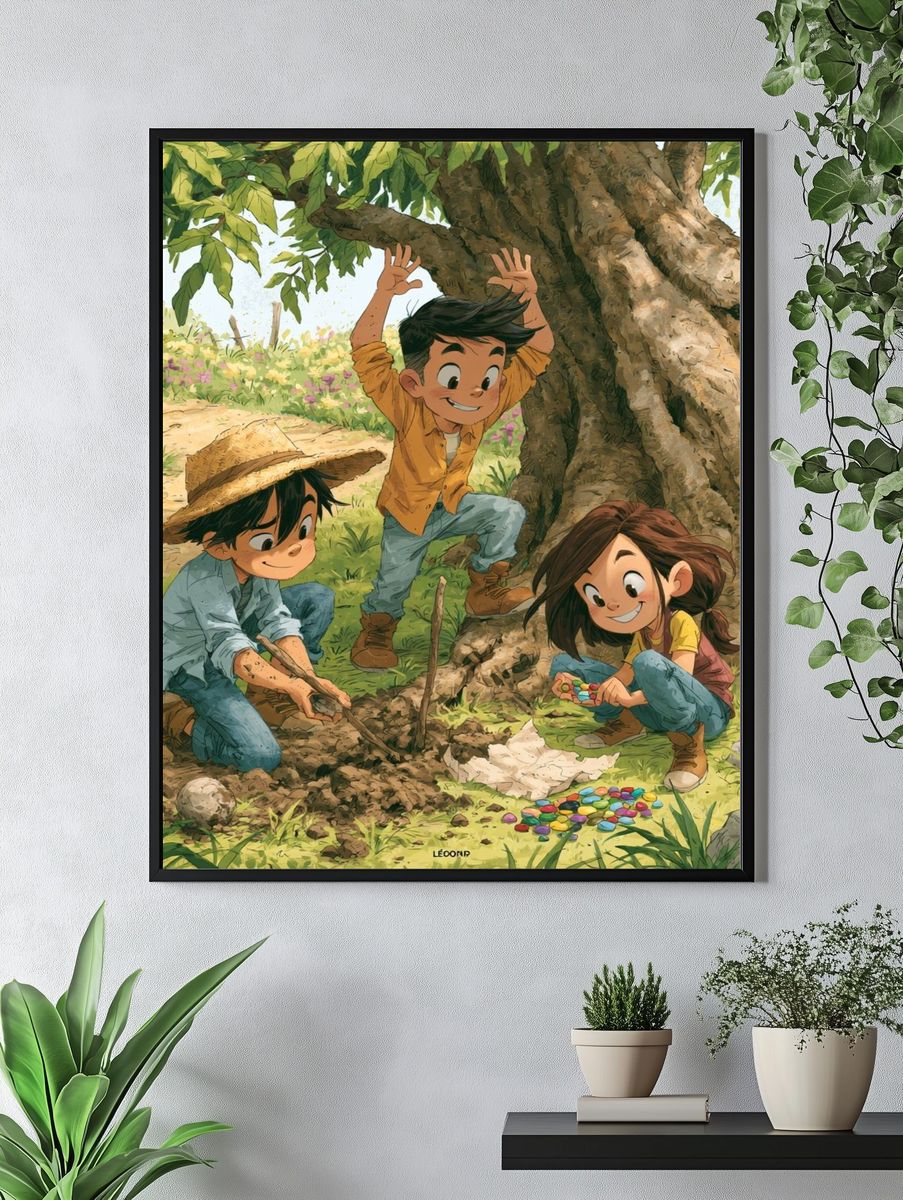 Children Playing Under Tree Illustration Poster. — room view 4