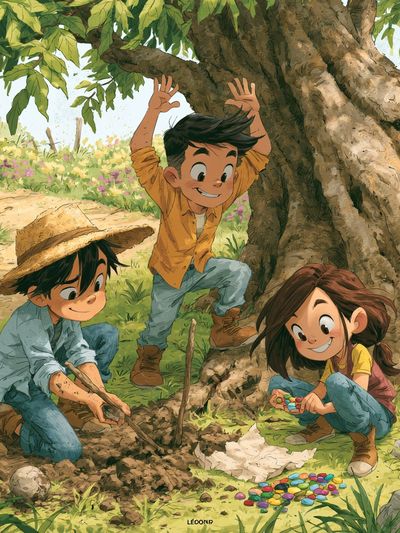 Children Playing Under Tree Illustration Poster.
