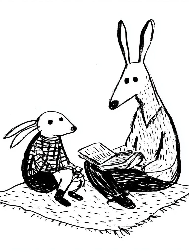 Rabbit Reading with Child — Illustration Print. poster — kids art