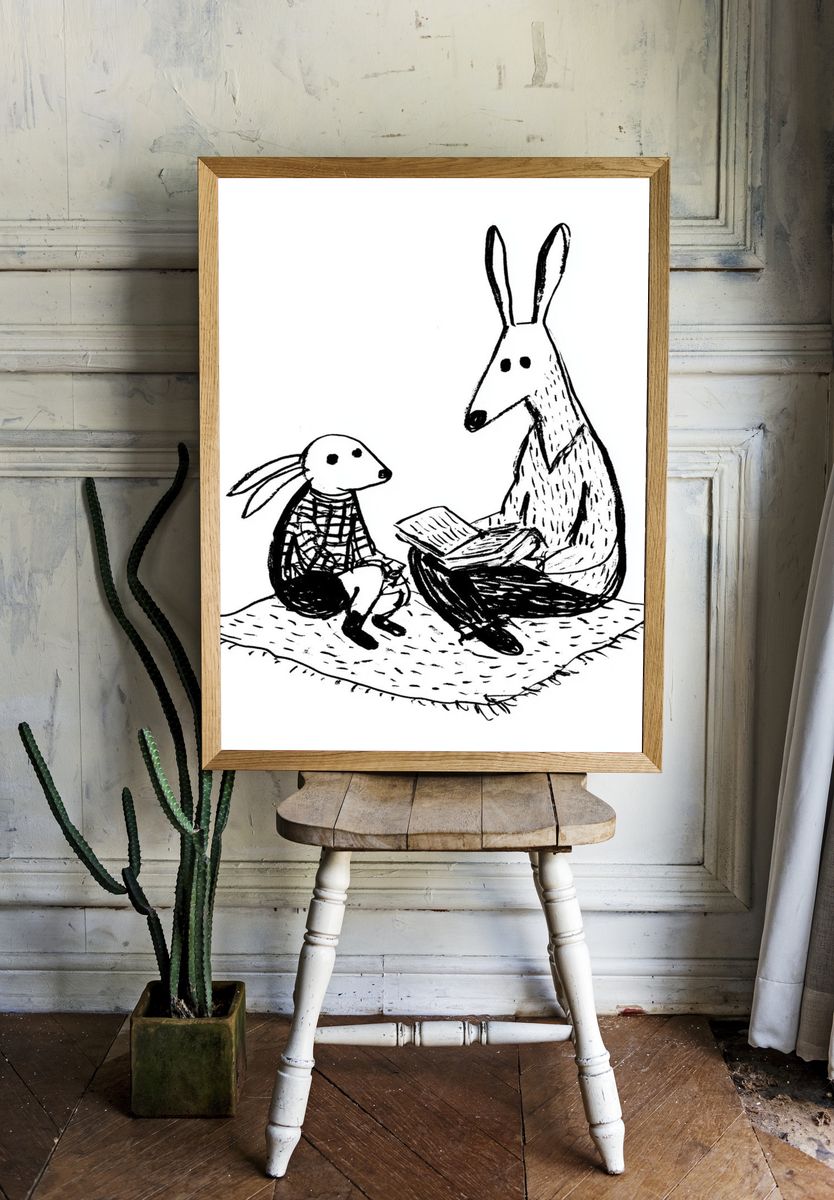 Rabbit Reading with Child — Illustration Print. room preview