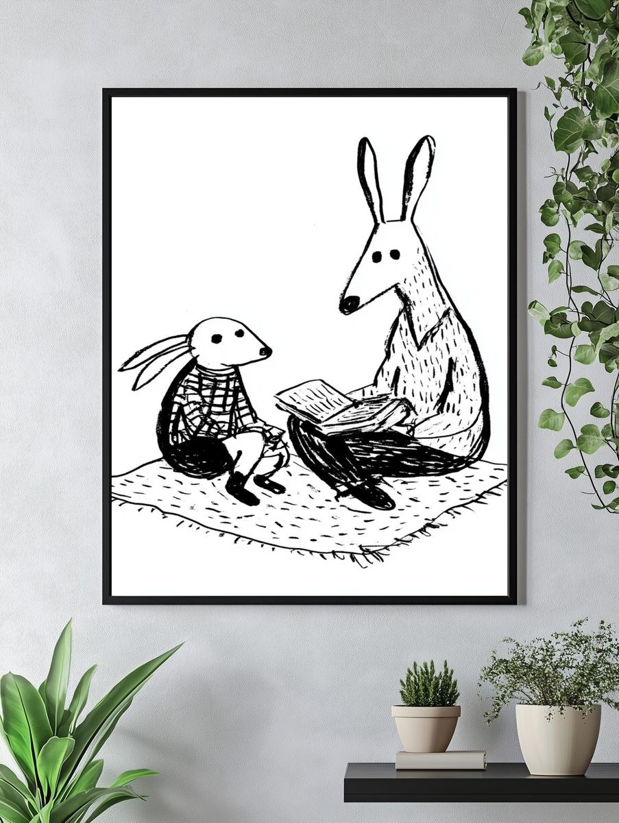 Rabbit Reading with Child — Illustration Print. — room view 4