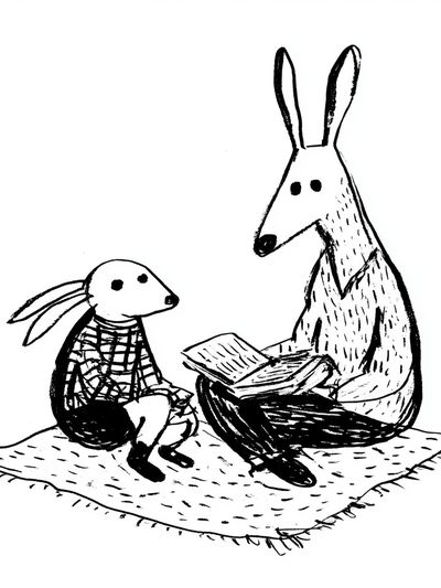 Rabbit Reading with Child — Illustration Print.