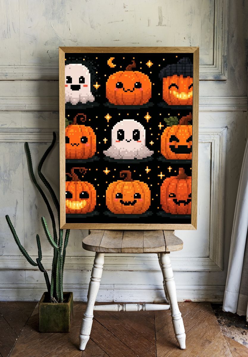 Pixel Halloween Pumpkins Poster. — room view 1