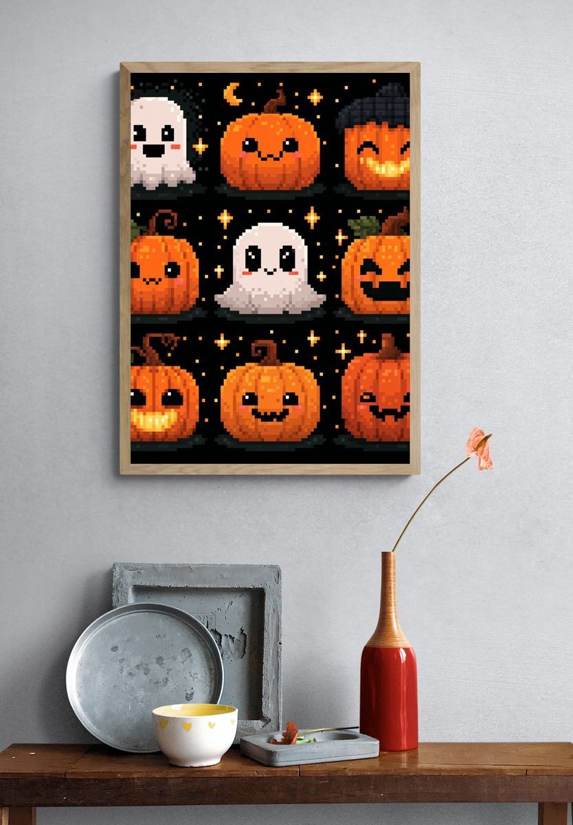 Pixel Halloween Pumpkins Poster. — room view 3