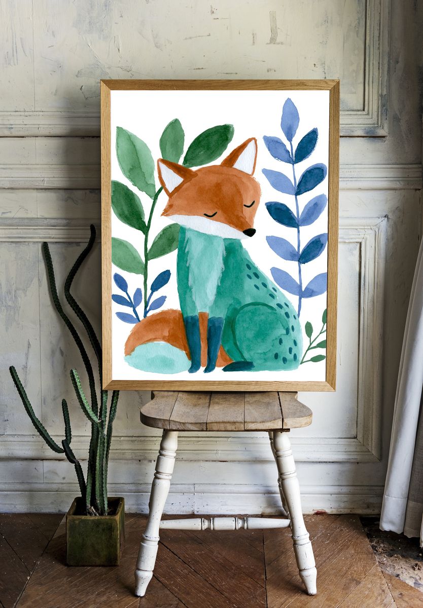 Sleeping Fox Watercolor Print. — room view 1