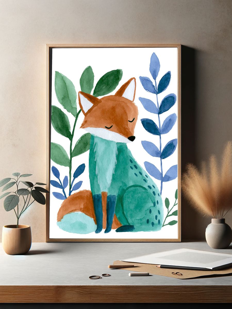 Sleeping Fox Watercolor Print. — room view 2