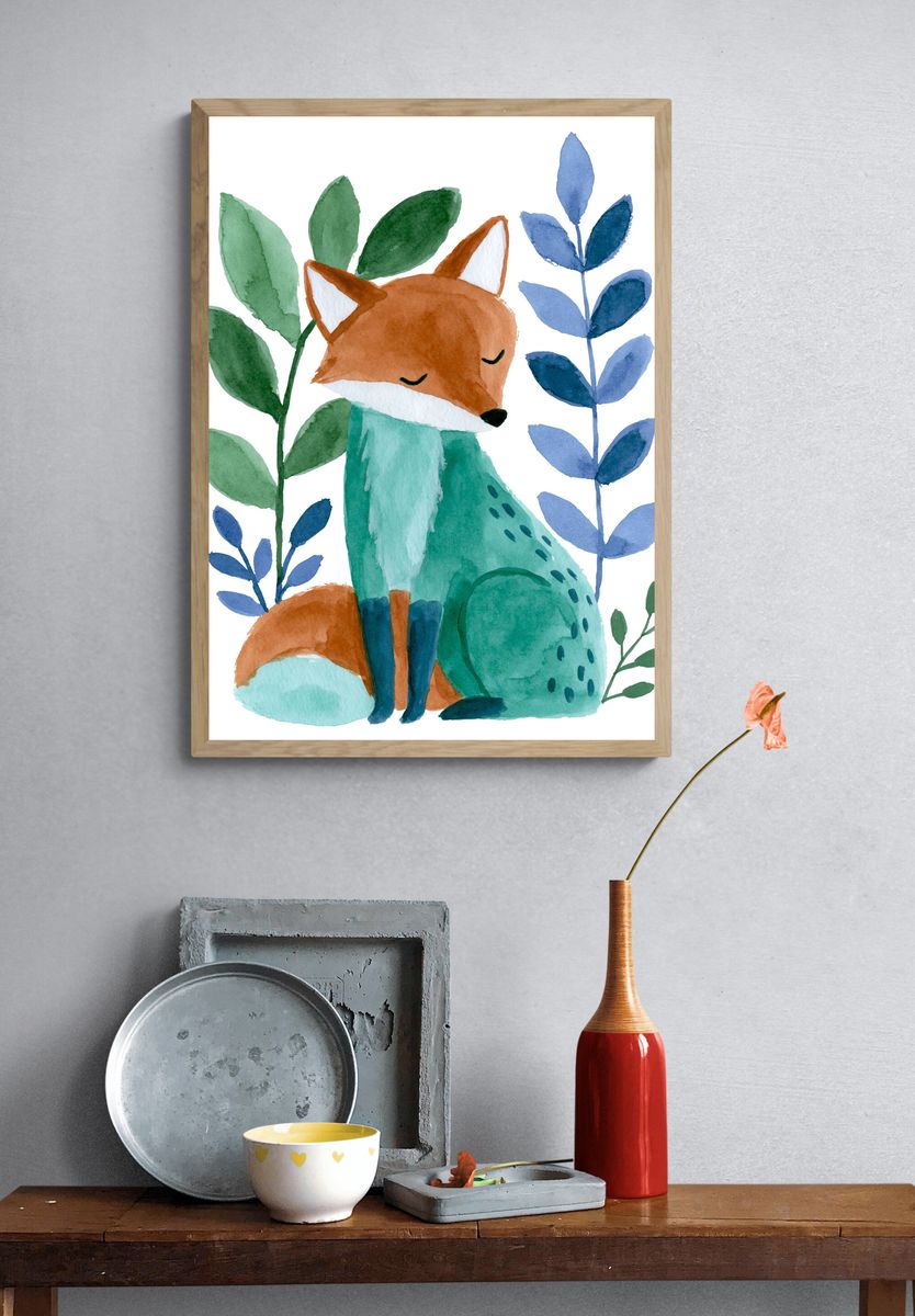 Sleeping Fox Watercolor Print. — room view 3