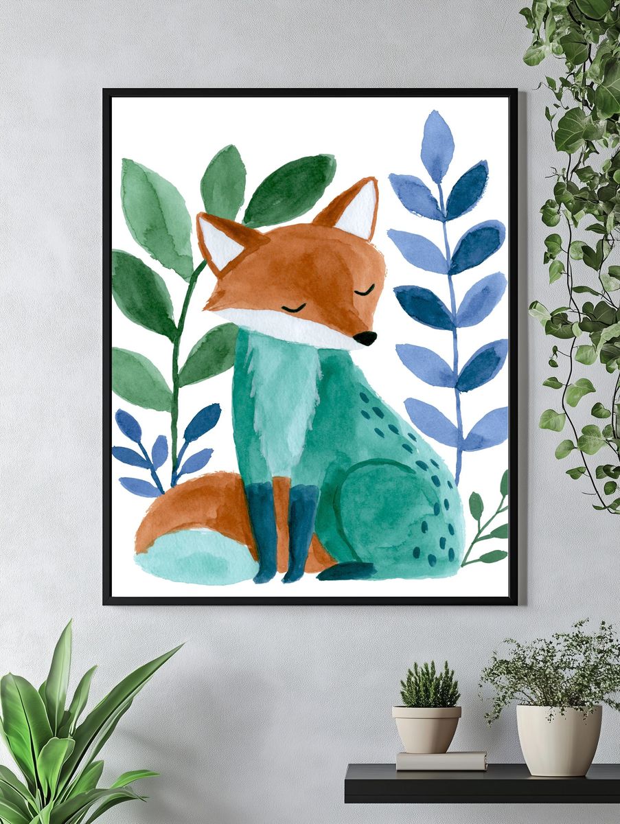Sleeping Fox Watercolor Print. — room view 4