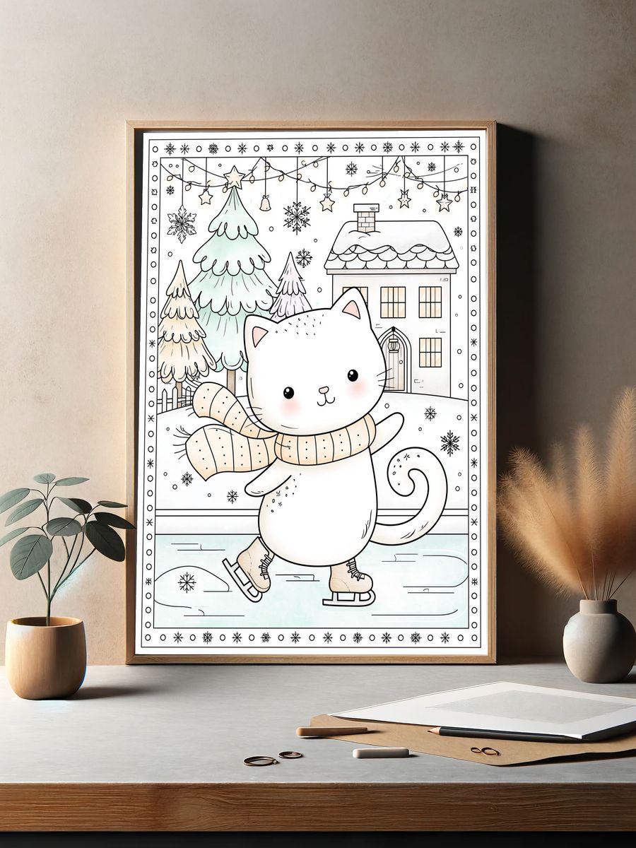 Winter Cat Skating Illustration Poster. — room view 2