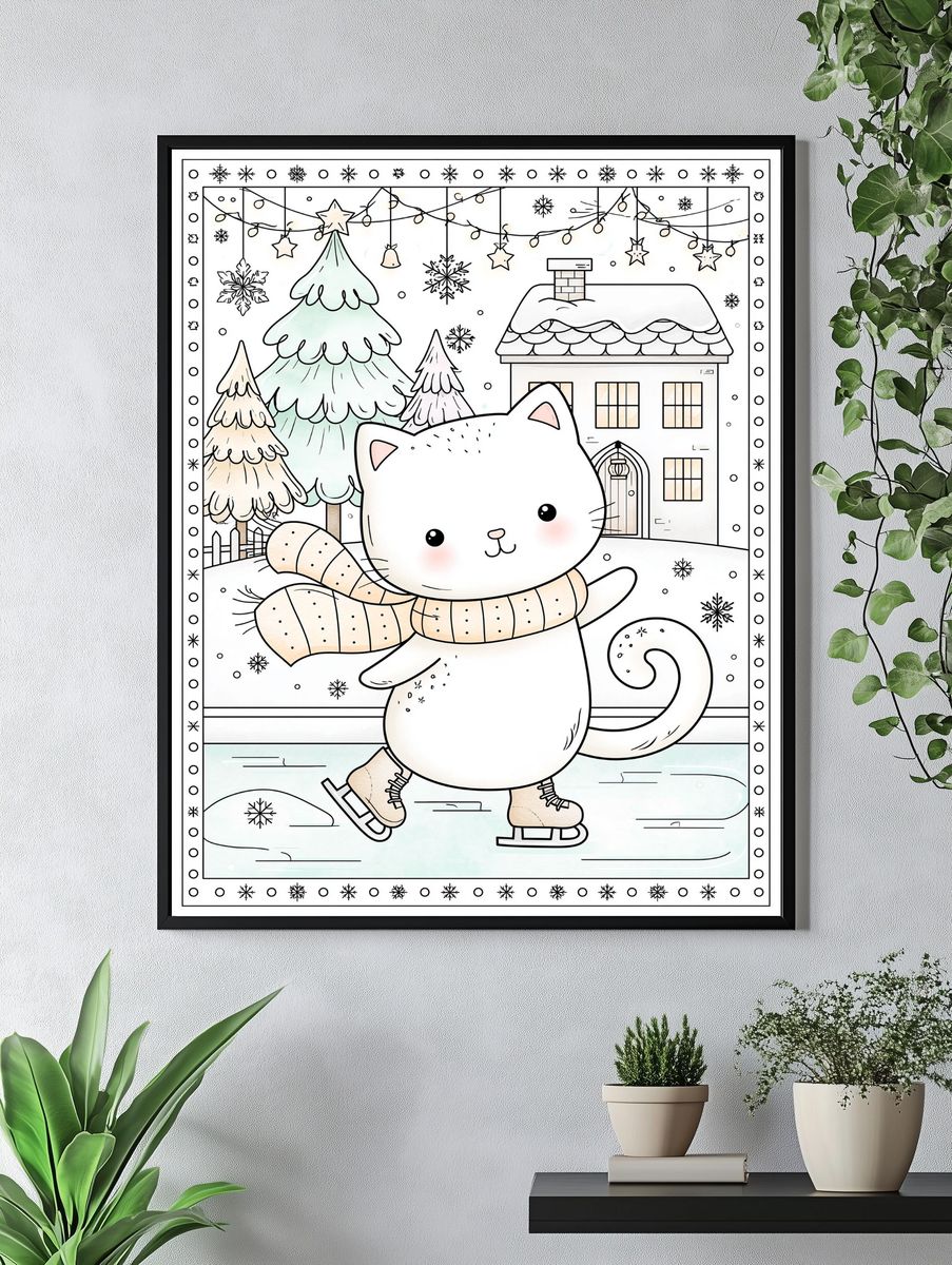 Winter Cat Skating Illustration Poster. — room view 4