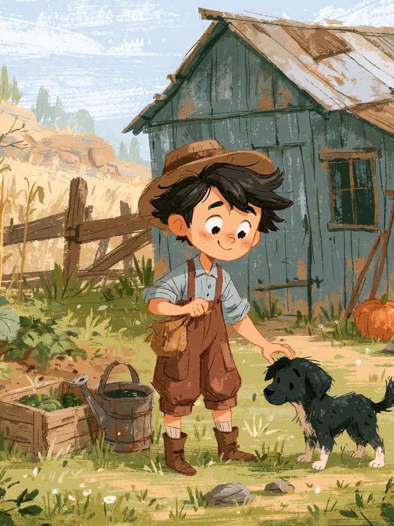 Boy and Puppy Farm Illustration Poster. poster detail