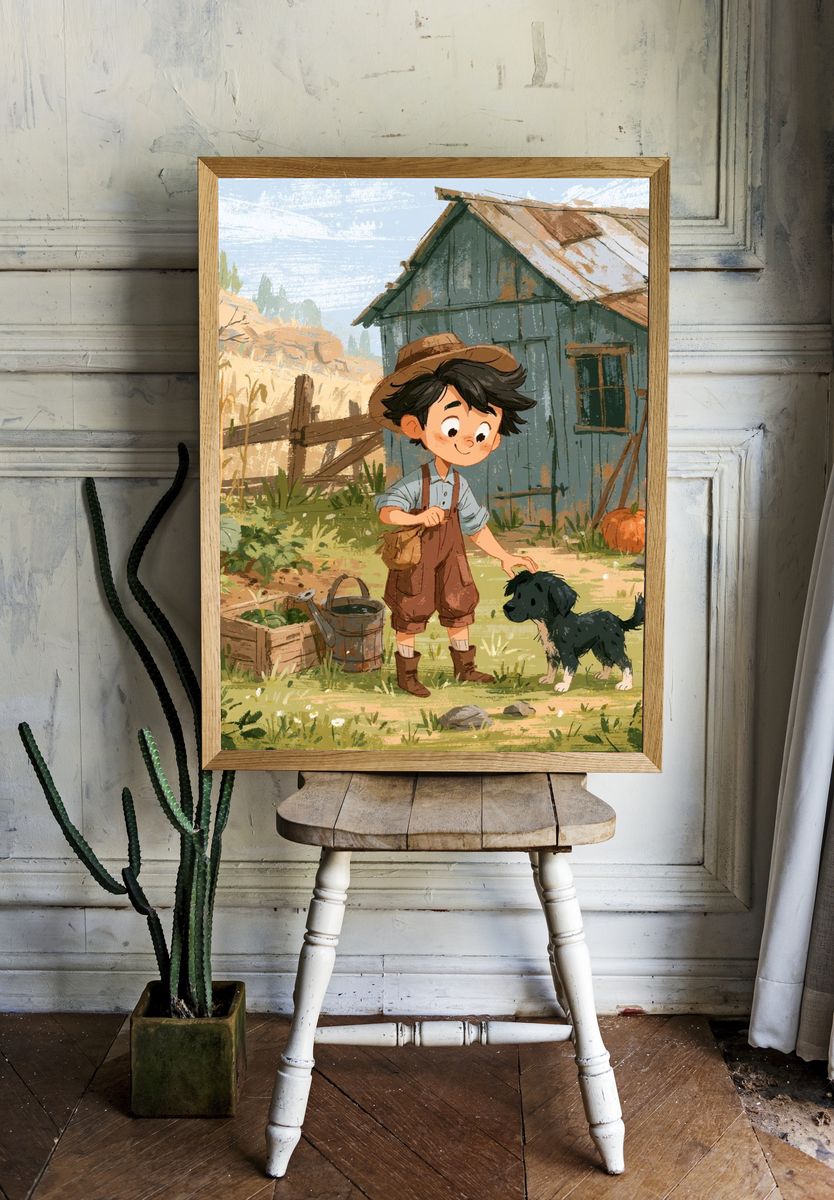 Boy and Puppy Farm Illustration Poster. — room view 1