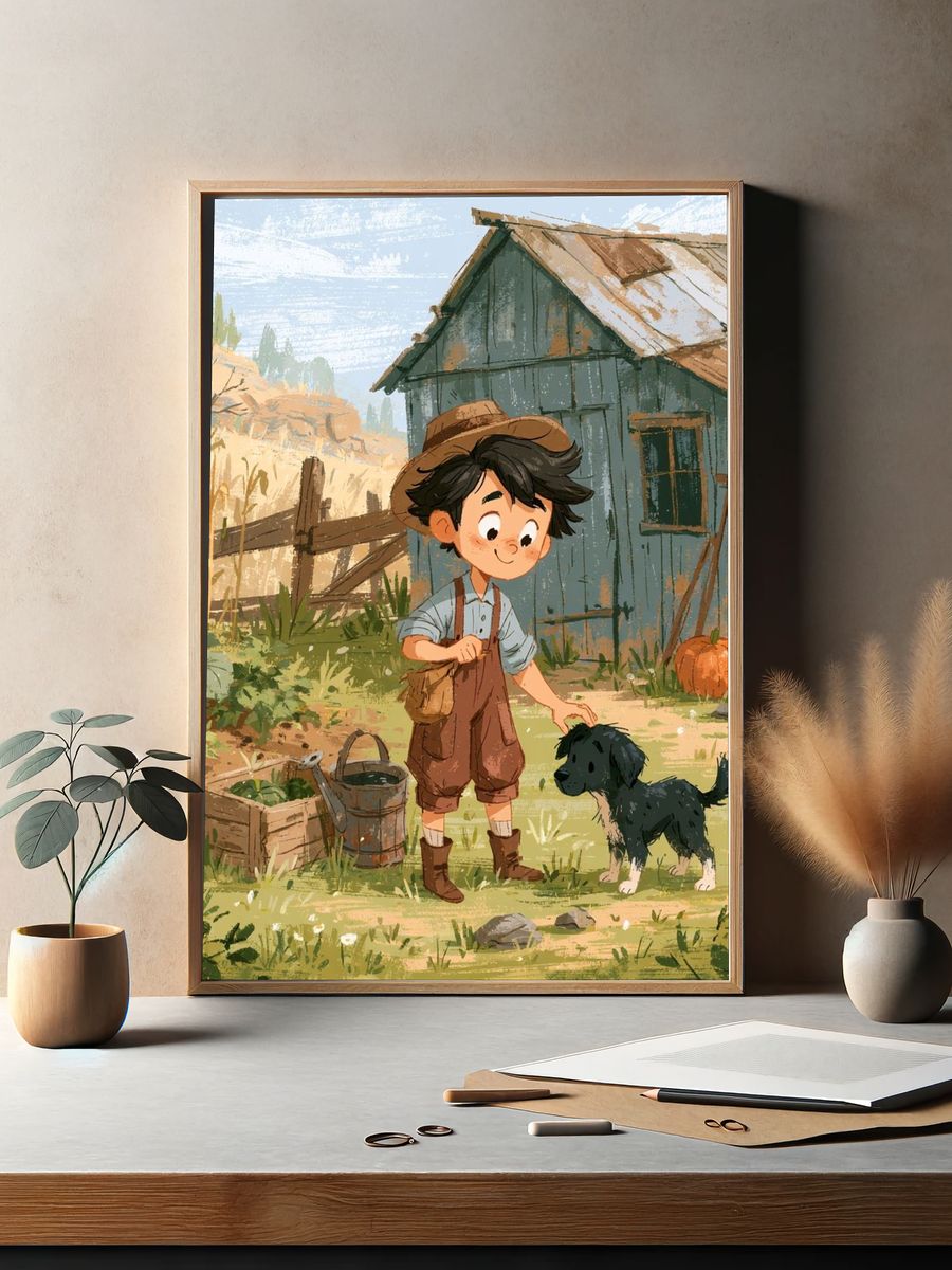 Boy and Puppy Farm Illustration Poster. — room view 2