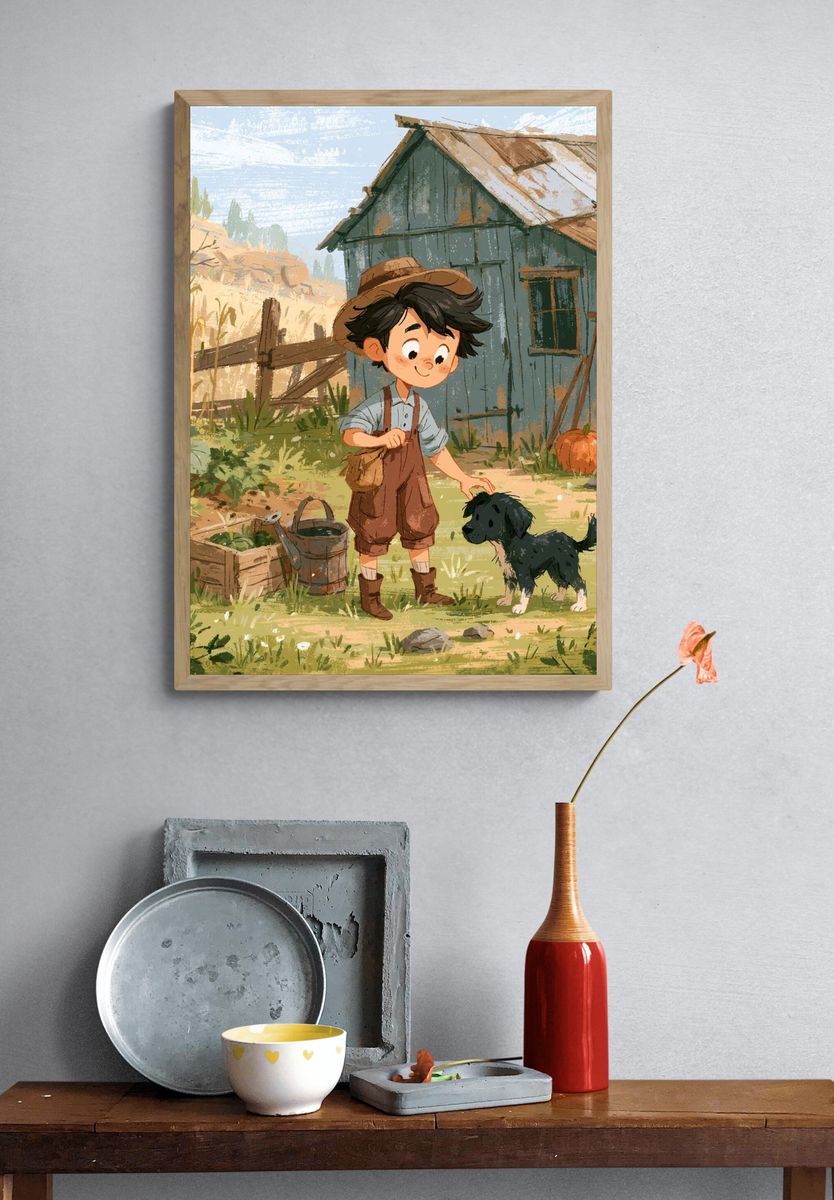 Boy and Puppy Farm Illustration Poster. — room view 3