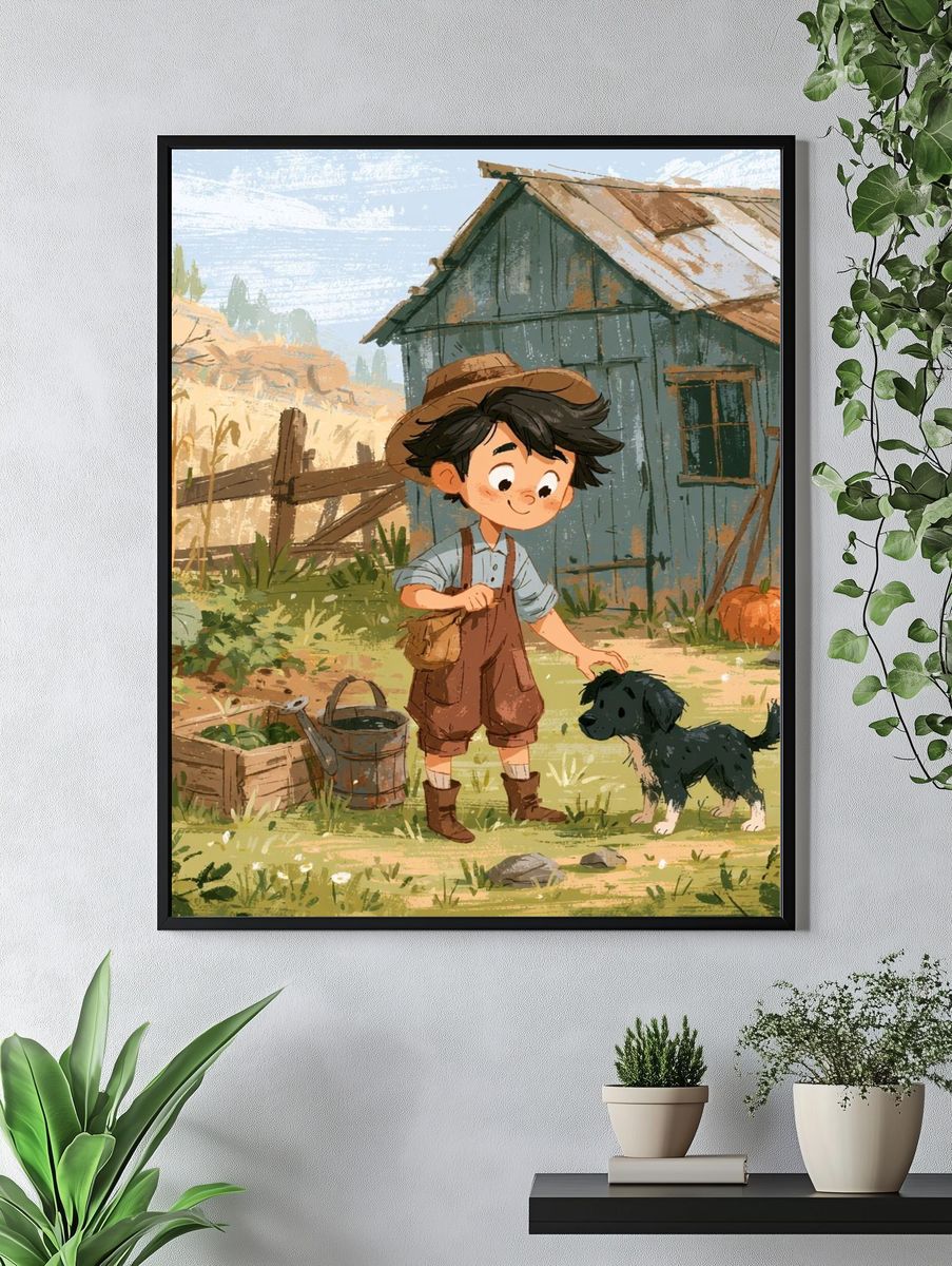 Boy and Puppy Farm Illustration Poster. — room view 4