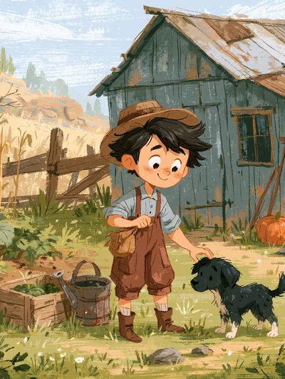 Boy and Puppy Farm Illustration Poster.