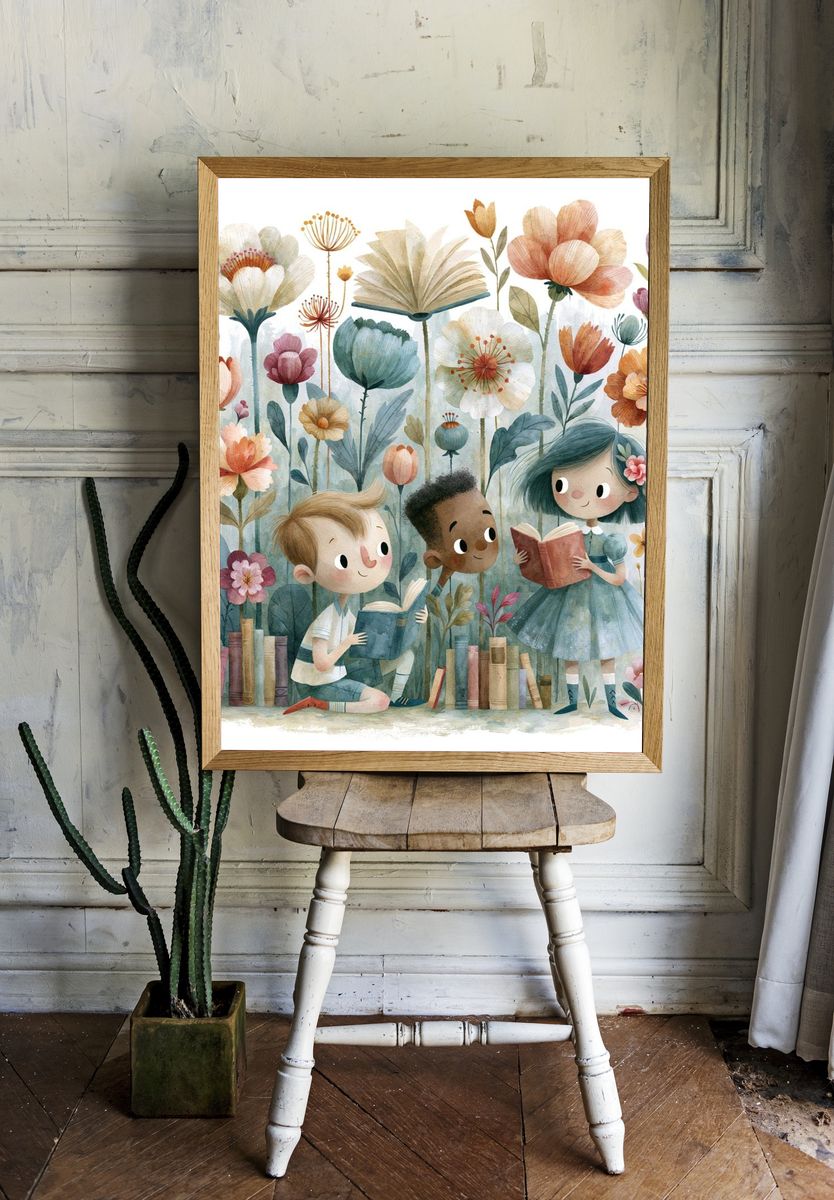 Children Reading in Flower Garden Poster. — room view 1