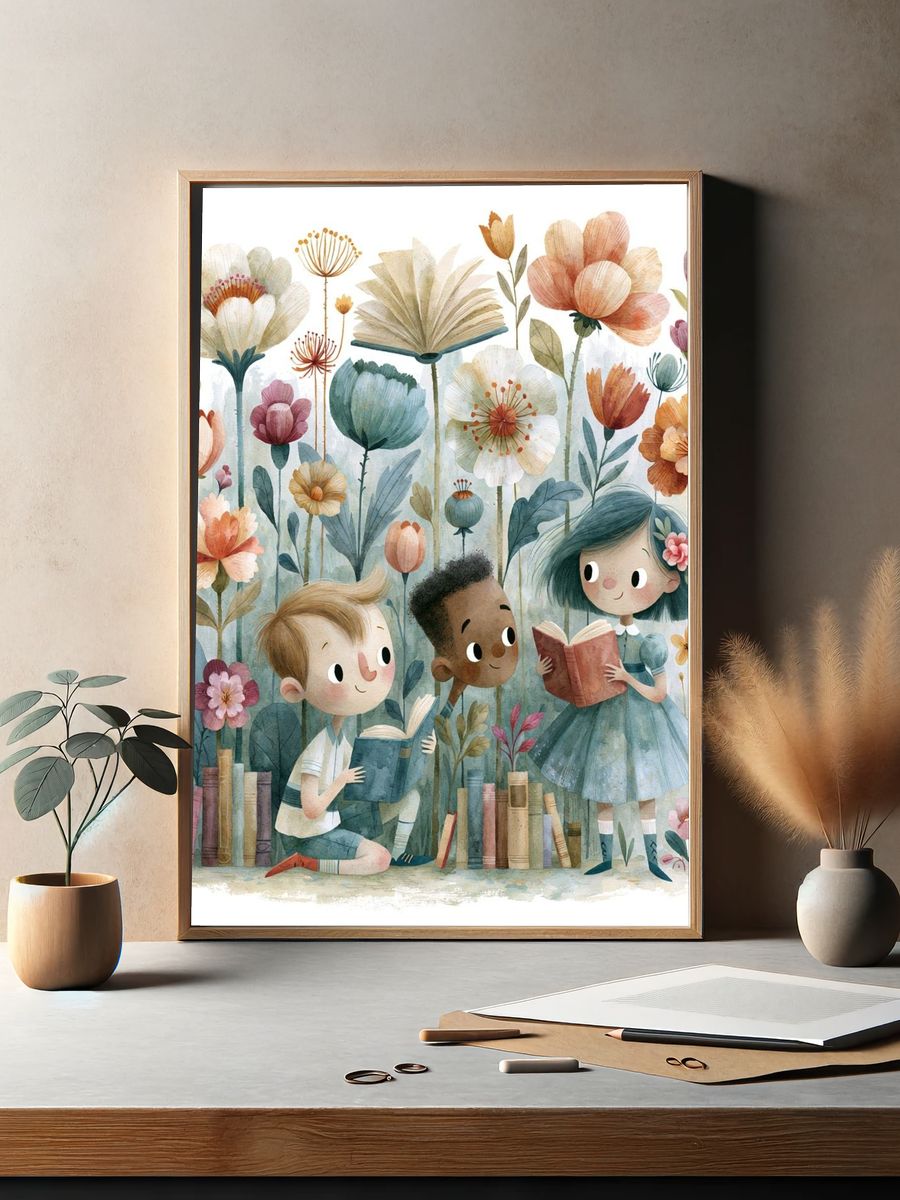 Children Reading in Flower Garden Poster. — room view 2