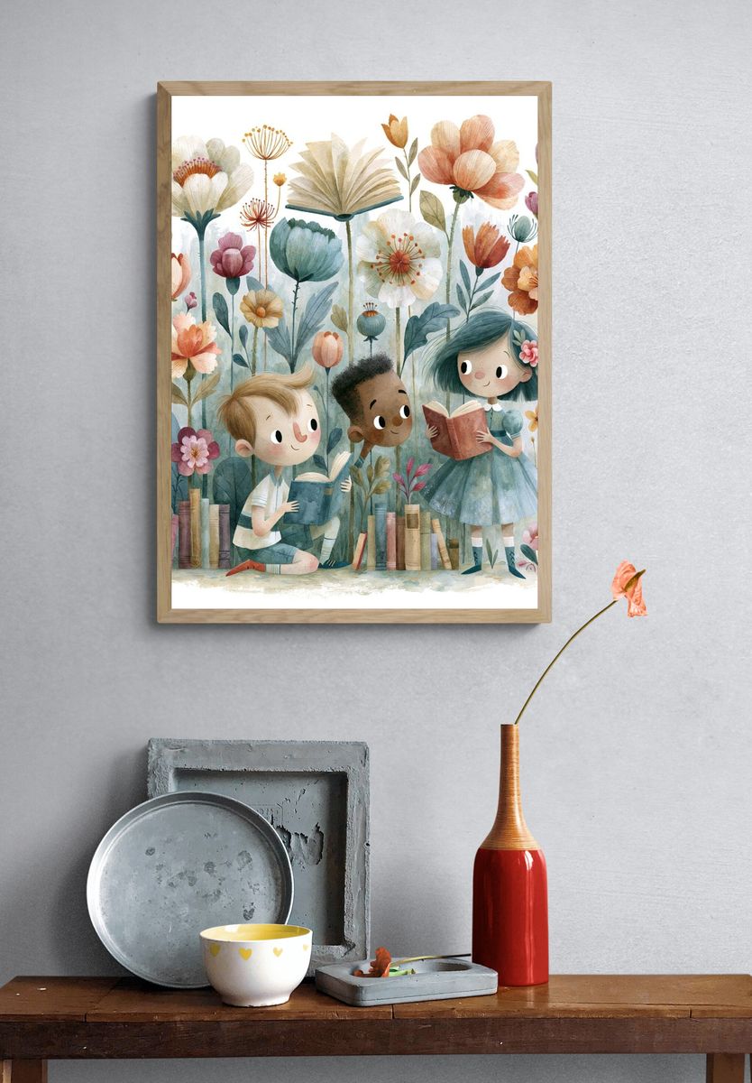 Children Reading in Flower Garden Poster. — room view 3
