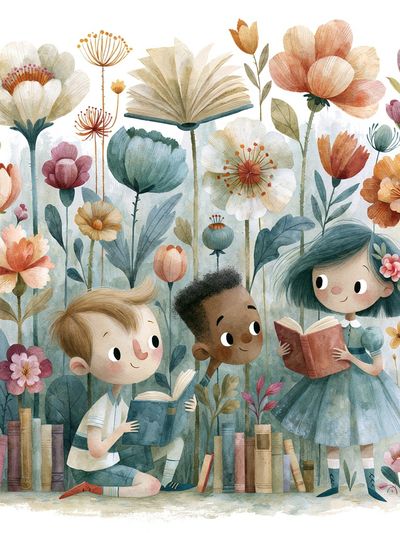 Children Reading in Flower Garden Poster. poster