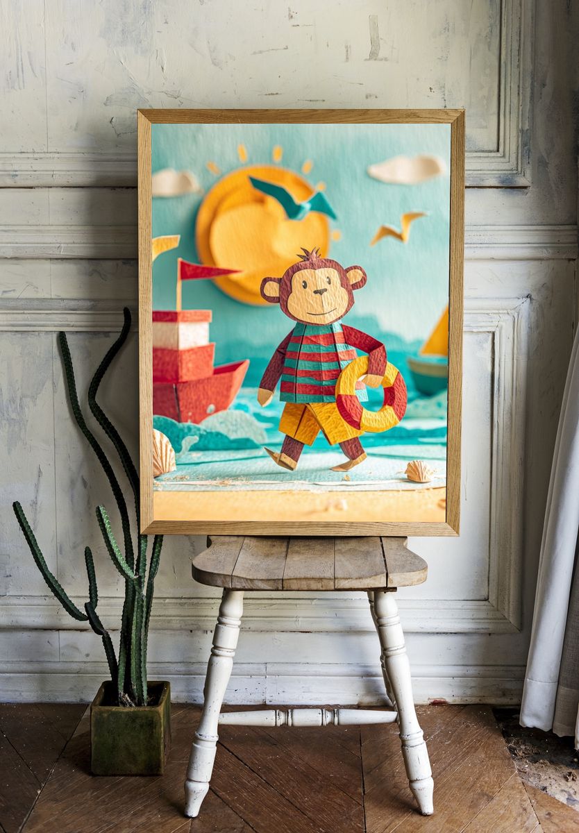 Playful Monkey at the Beach — Kids Print room preview