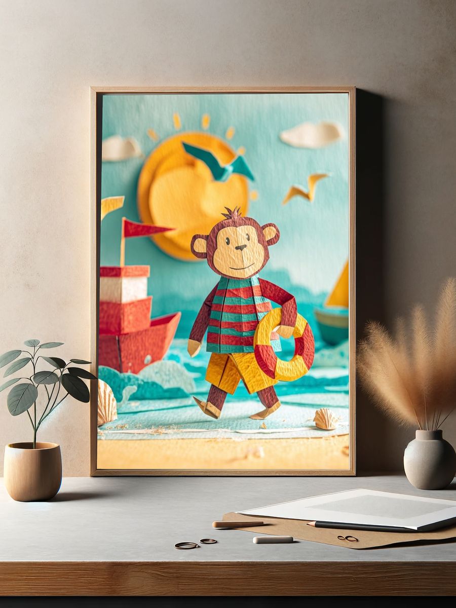 Playful Monkey at the Beach — Kids Print. — room view 2