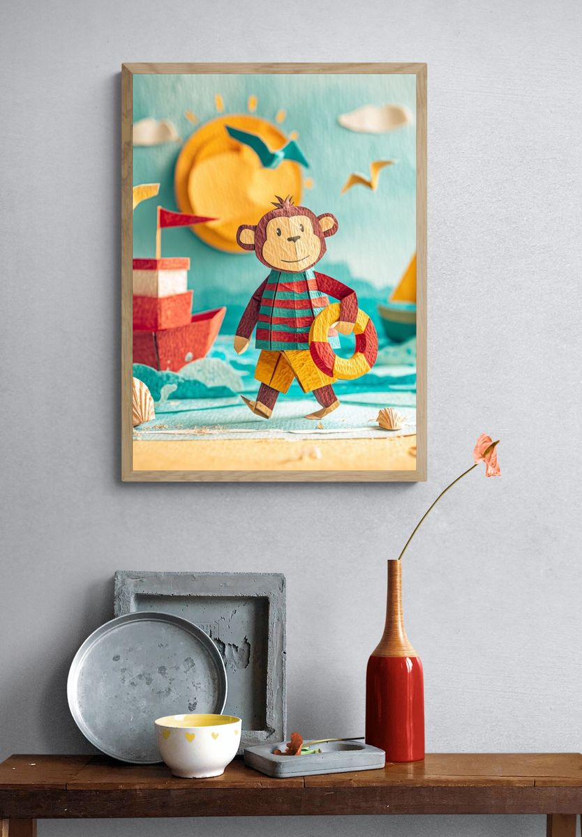 Playful Monkey at the Beach — Kids Print. — room view 3