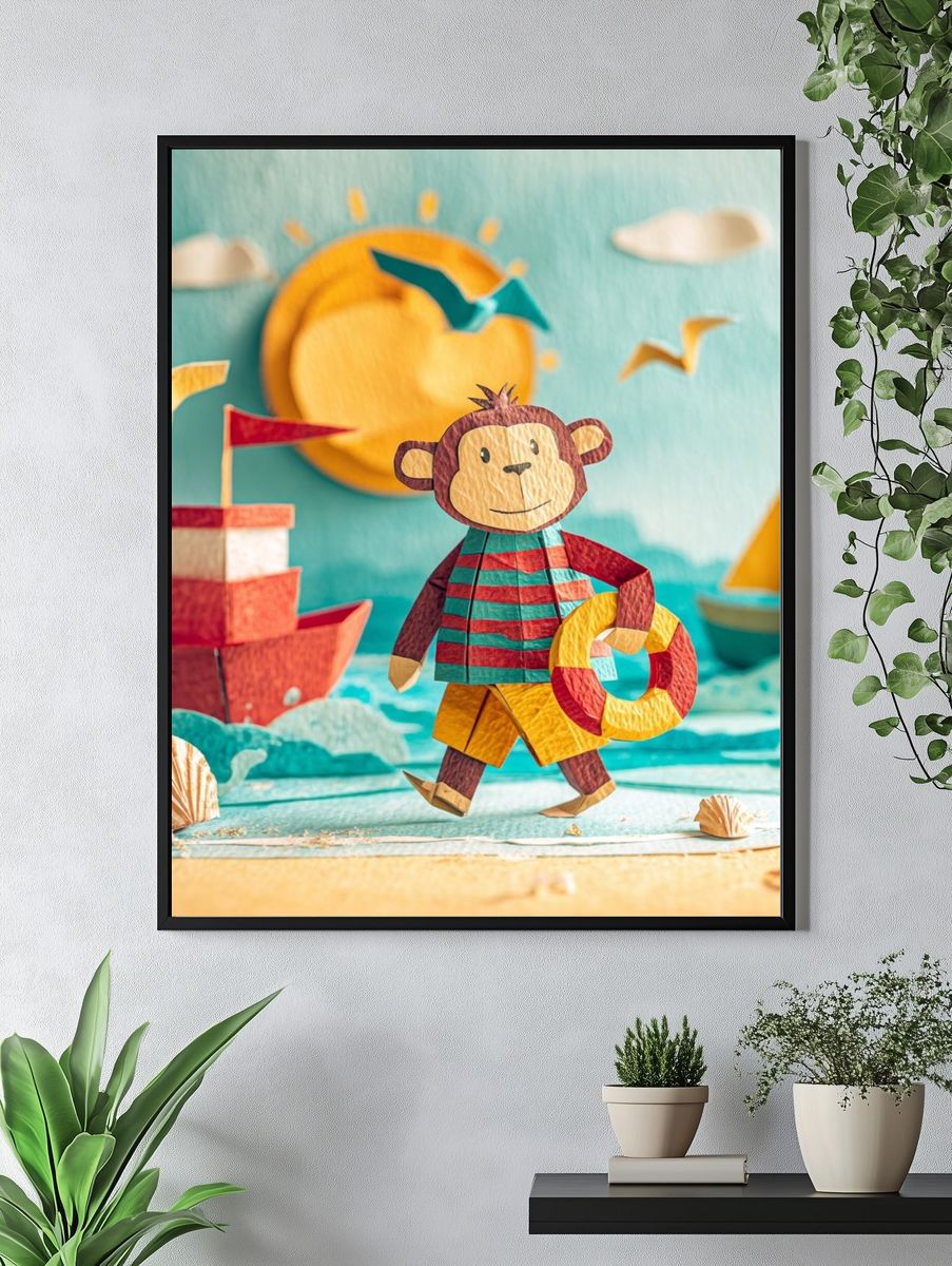 Playful Monkey at the Beach — Kids Print. — room view 4