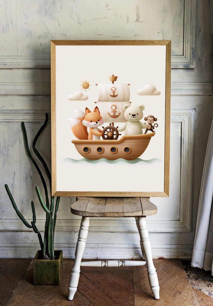 Cute Pirate Ship Nursery Print. room preview