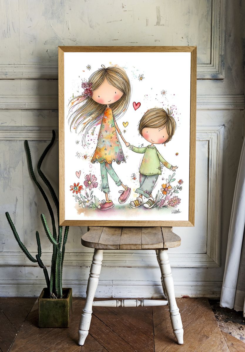 Whimsical Children Holding Hands Illustration Poster. — room view 1