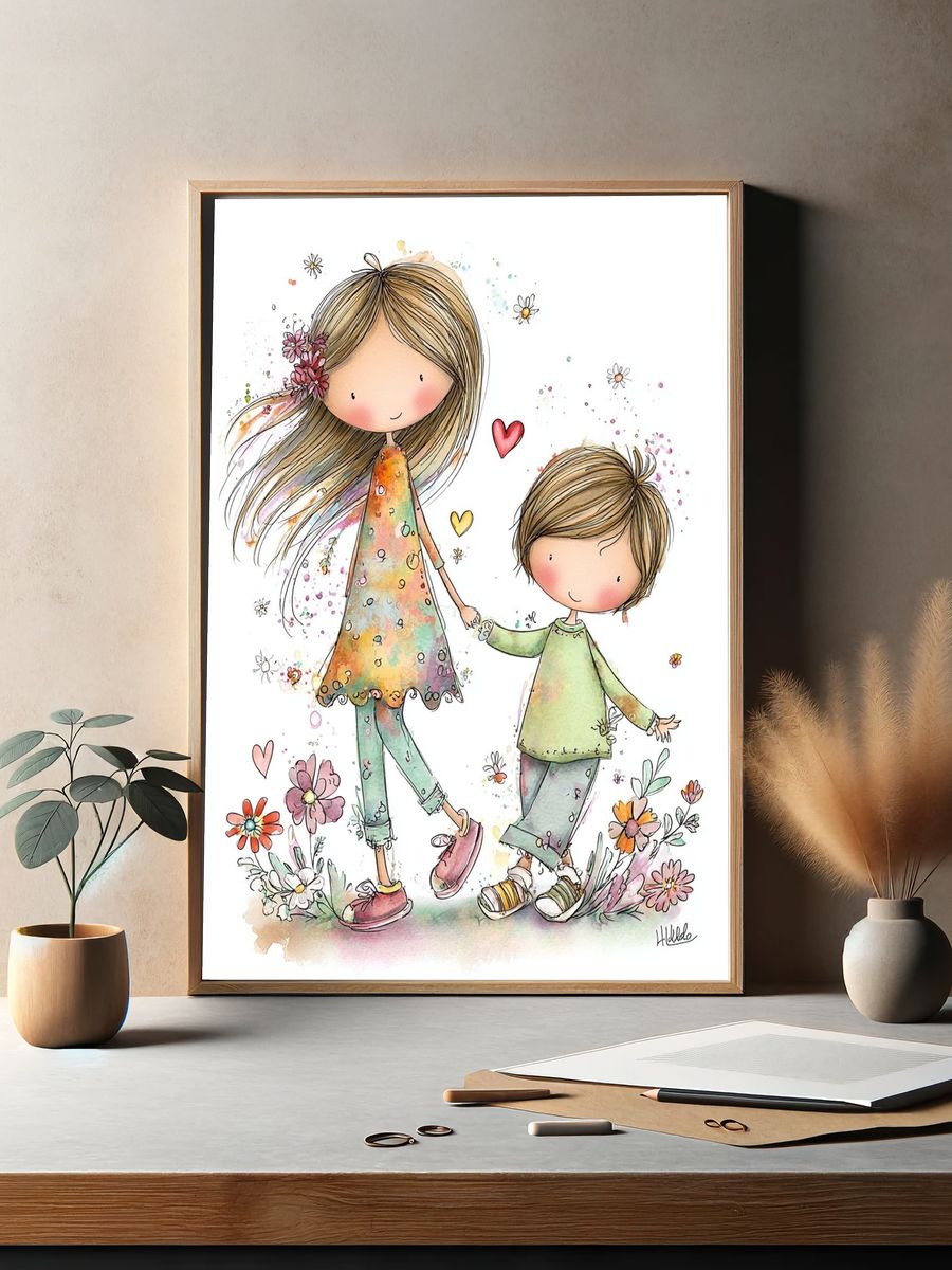 Whimsical Children Holding Hands Illustration Poster. — room view 2