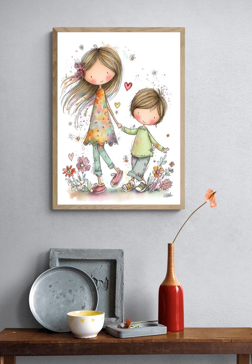 Whimsical Children Holding Hands Illustration Poster. — room view 3