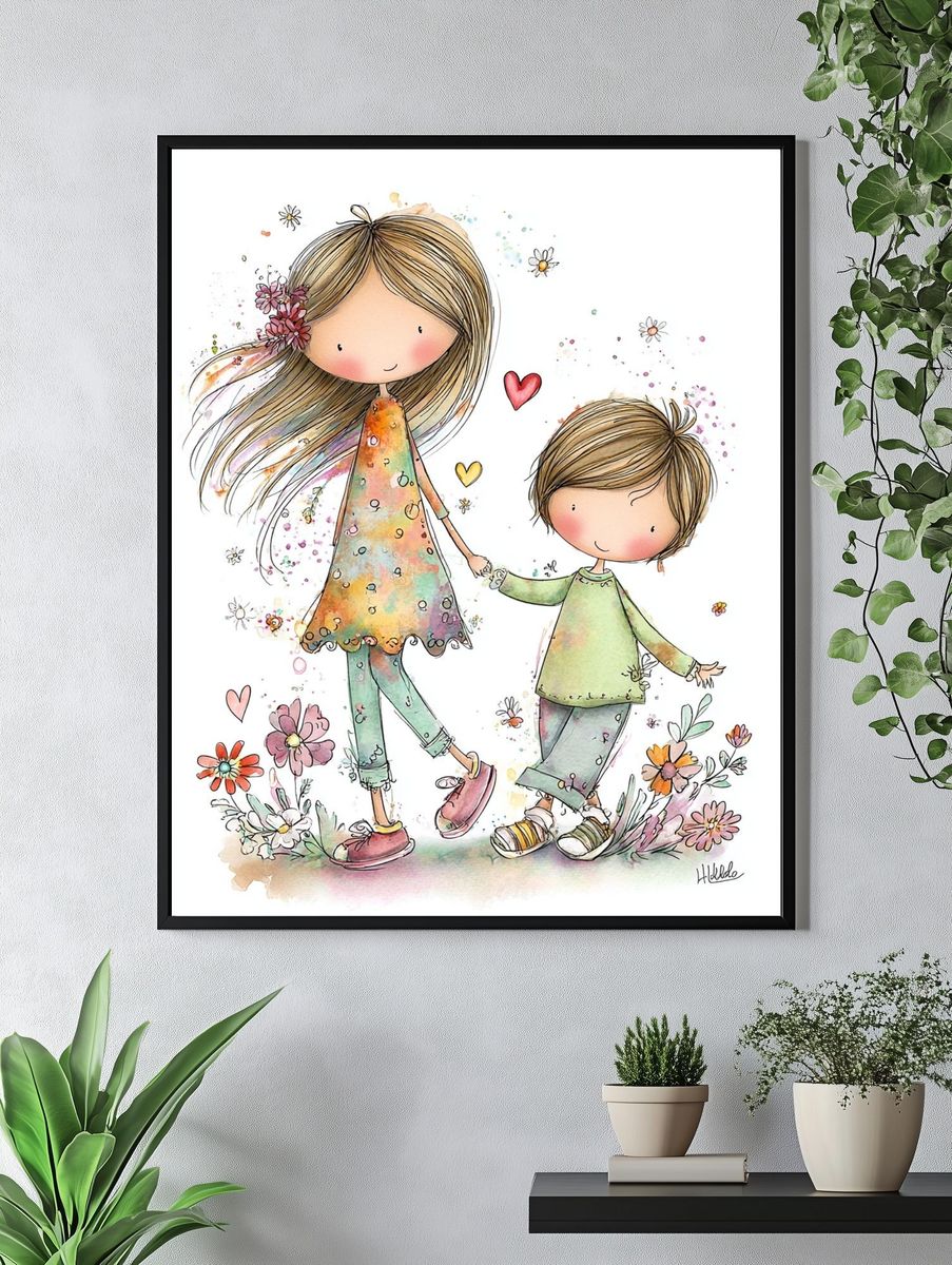 Whimsical Children Holding Hands Illustration Poster. — room view 4