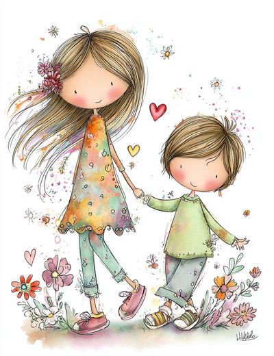 Whimsical Children Holding Hands Illustration Poster.