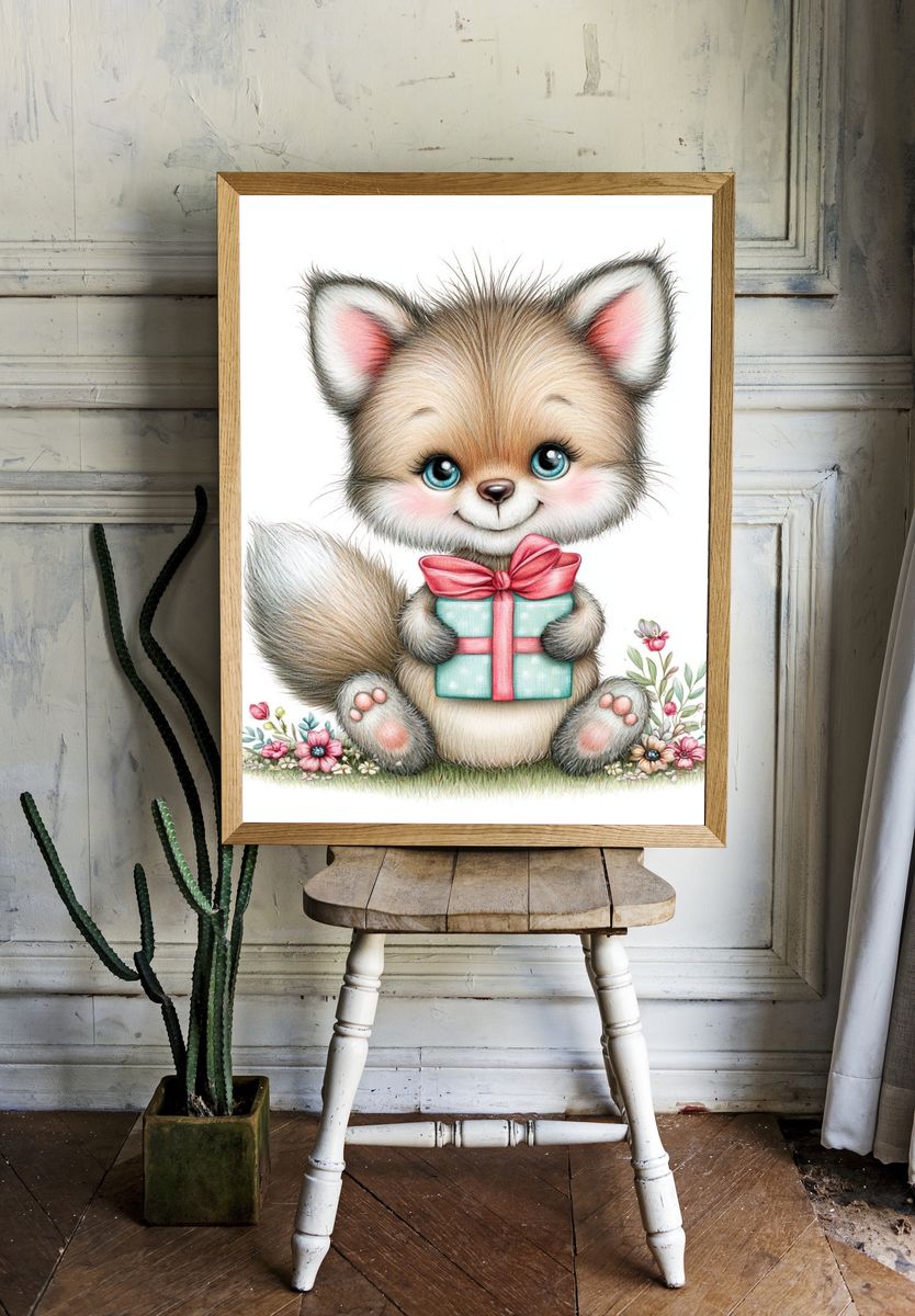 Cute Fox with Gift Illustration Poster. — room view 1