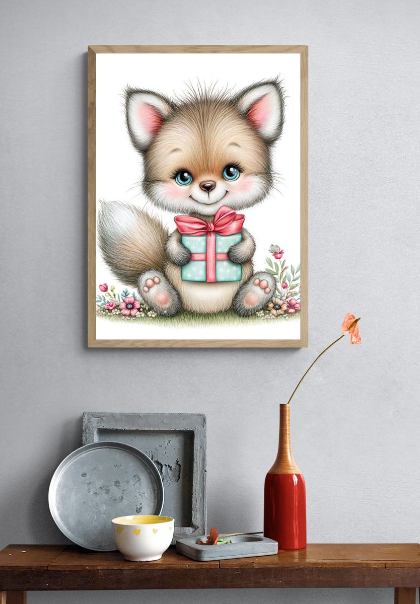Cute Fox with Gift Illustration Poster. — room view 3