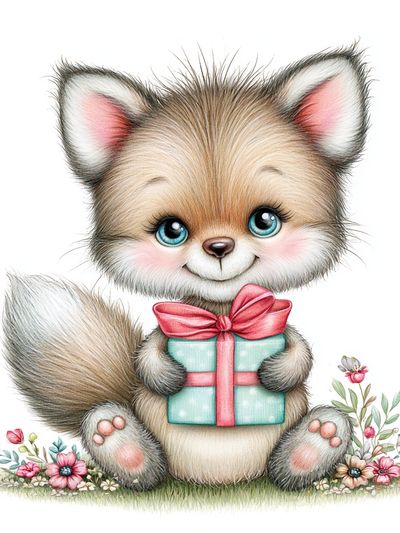 Cute Fox with Gift Illustration Poster.