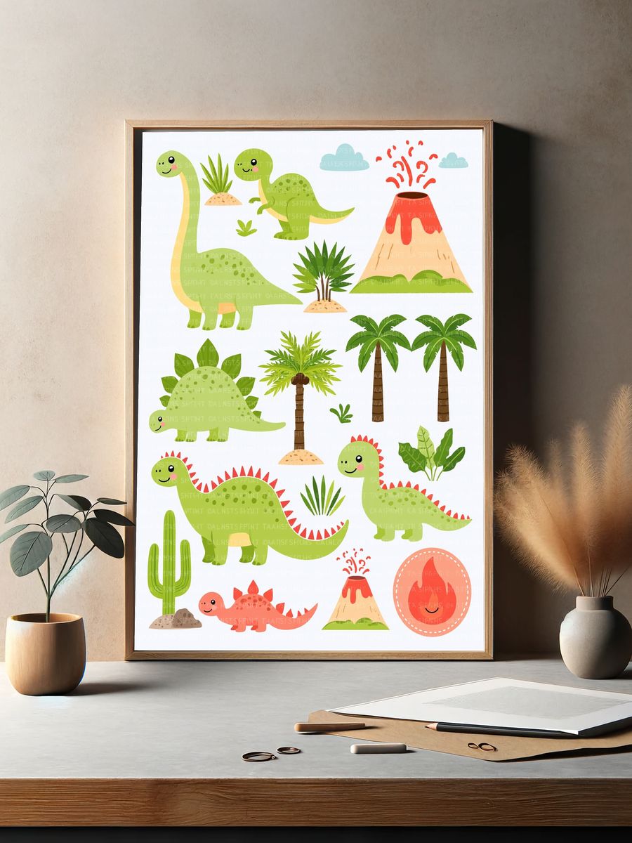 Cute Dinosaur Nursery Illustration Poster. — room view 2