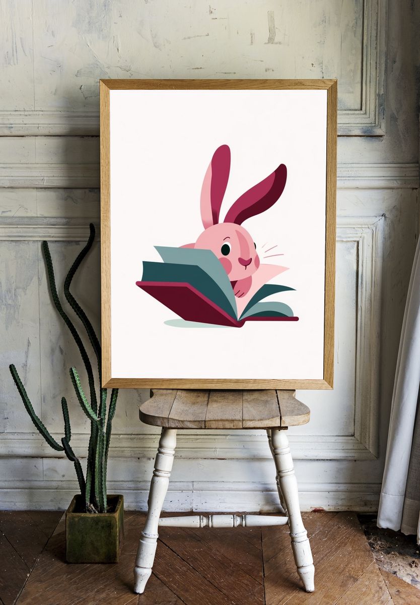 Reading Bunny Cartoon Print. room preview