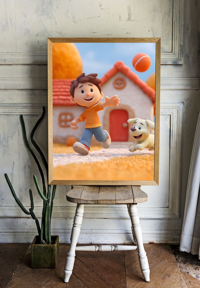 Happy Boy and Dog — Cartoon Print. — room view 1
