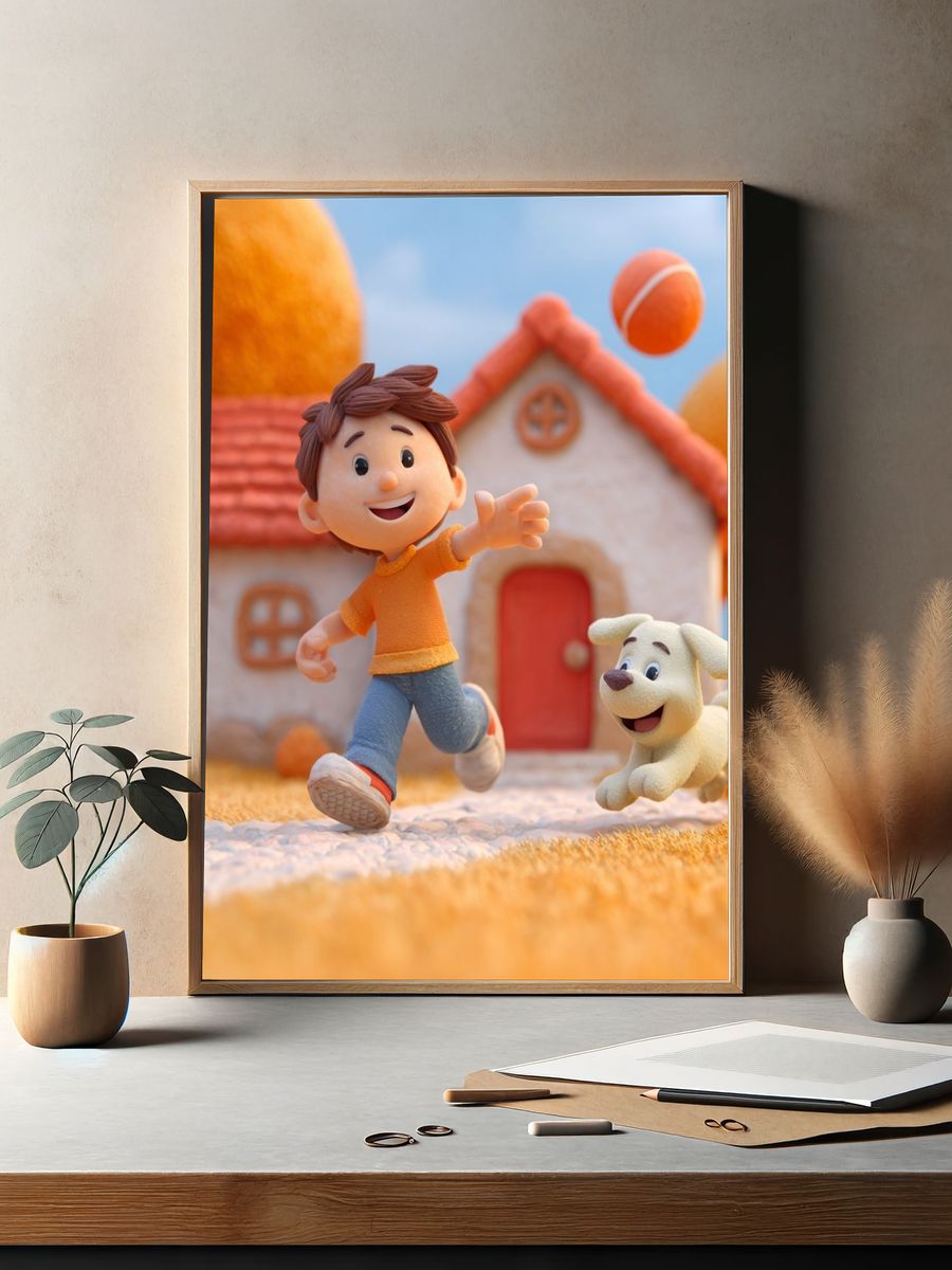 Happy Boy and Dog — Cartoon Print. — room view 2