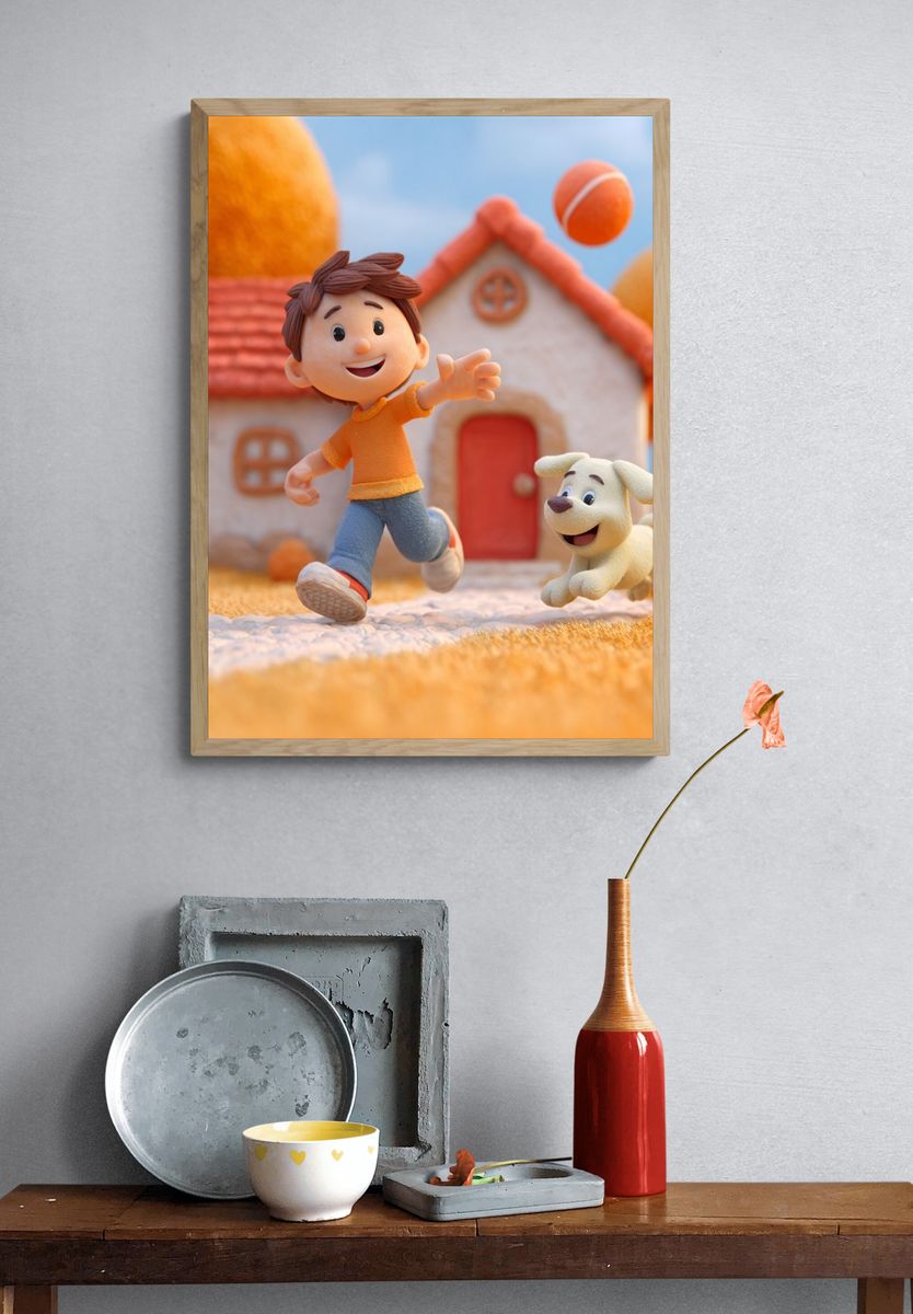 Happy Boy and Dog — Cartoon Print. — room view 3