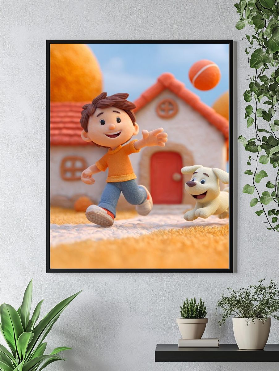 Happy Boy and Dog — Cartoon Print. — room view 4
