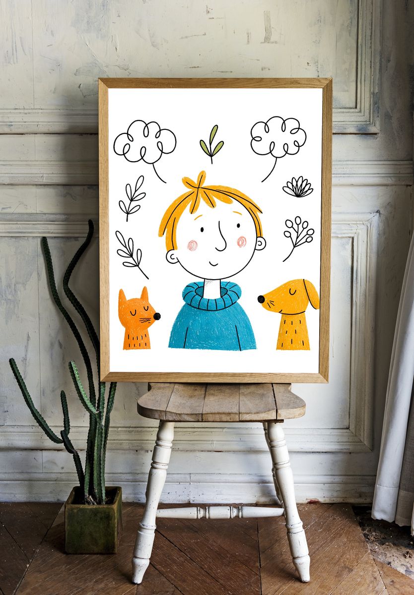 Child with Dogs Illustration Poster. room preview