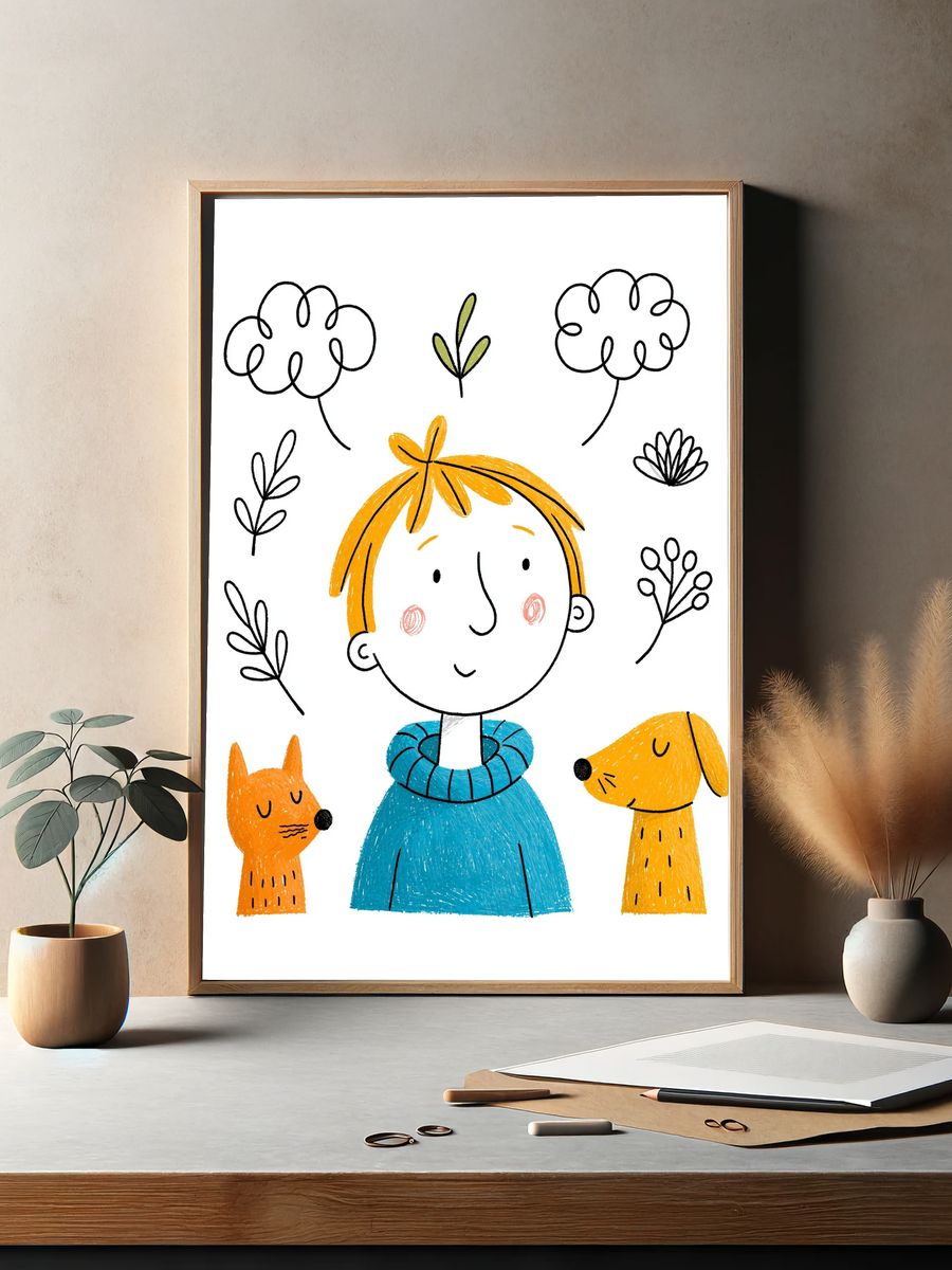 Child with Dogs Illustration Poster. — room view 2