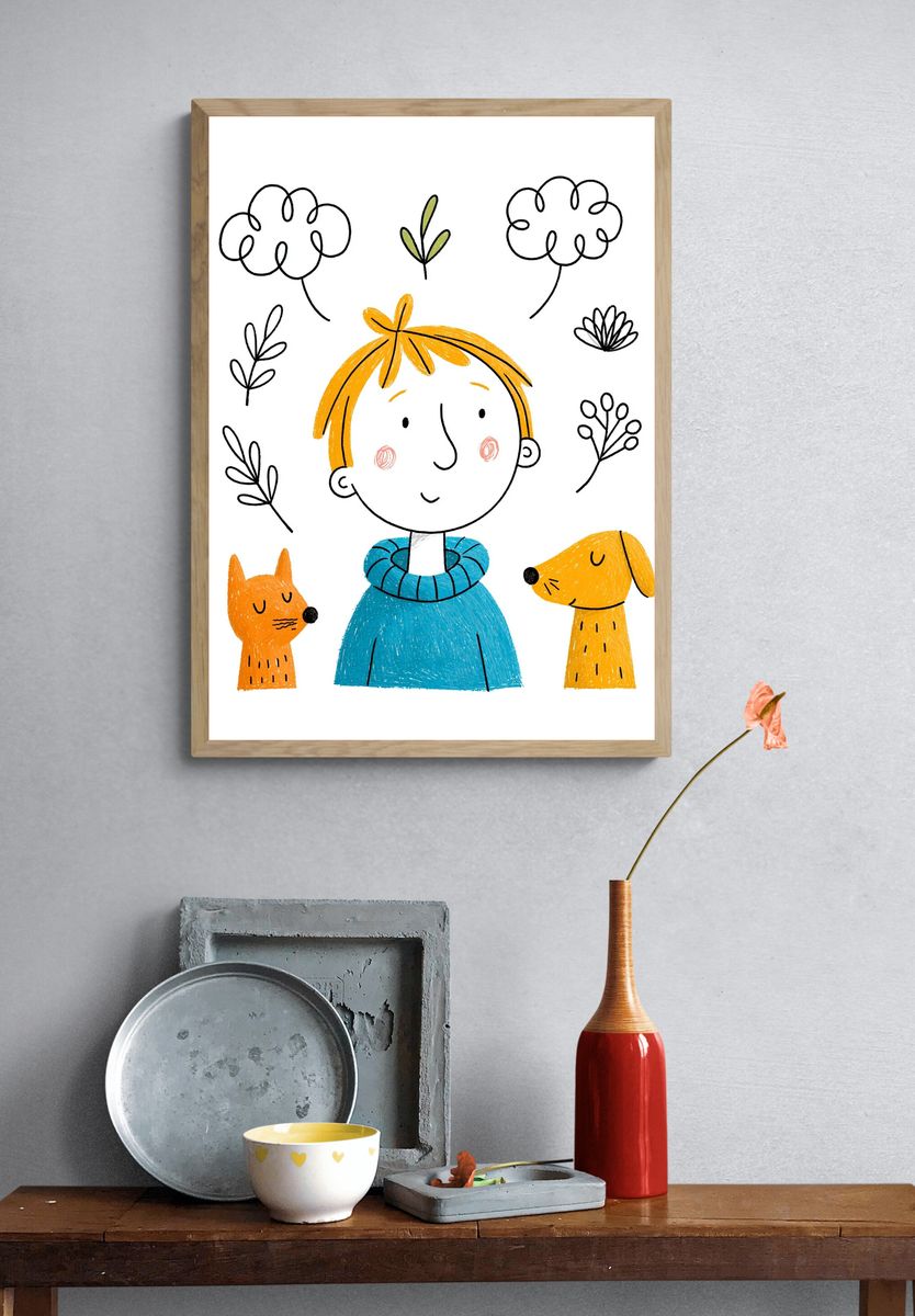 Child with Dogs Illustration Poster. — room view 3