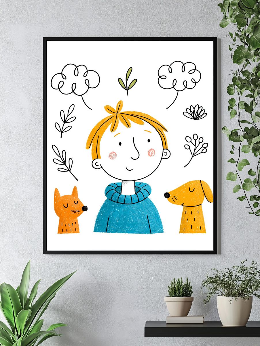 Child with Dogs Illustration Poster. — room view 4