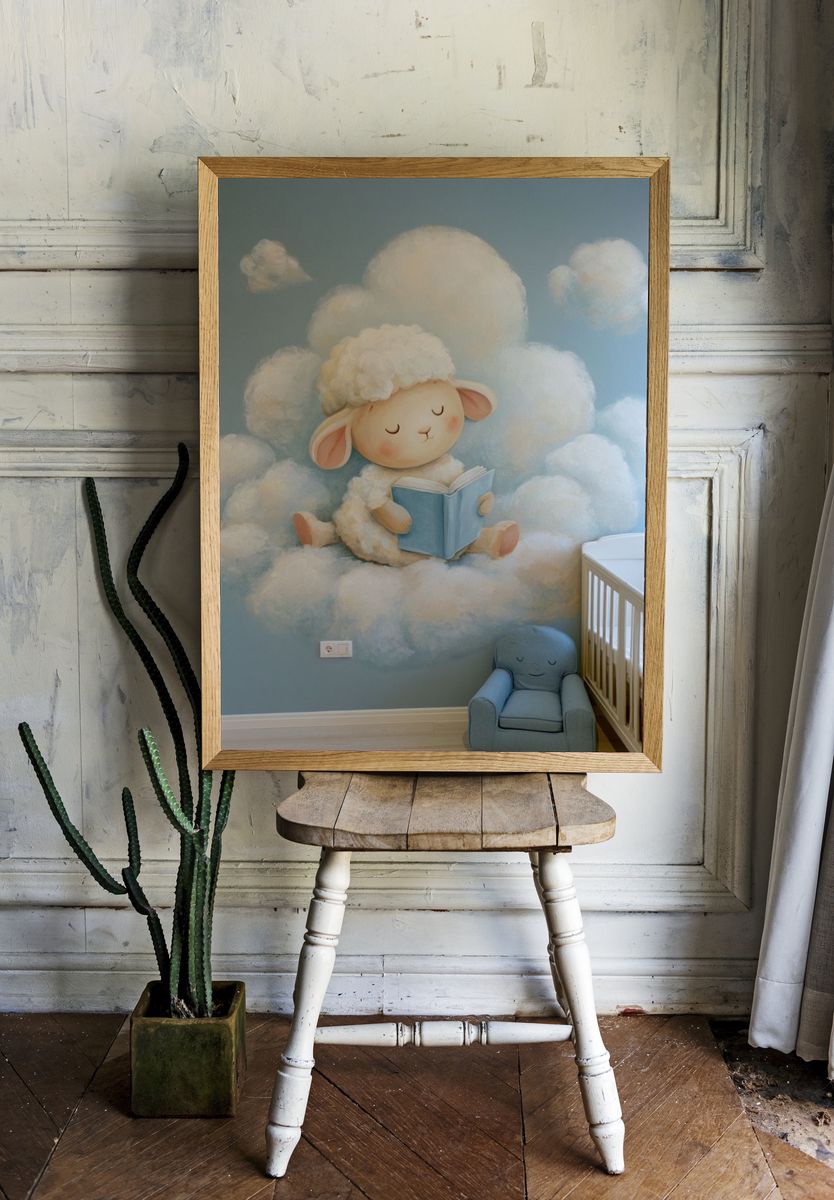 Sleeping Lamb Cloud Nursery Poster. room preview