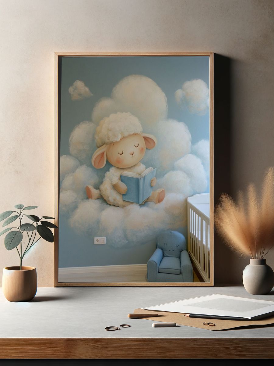 Sleeping Lamb Cloud Nursery Poster. — room view 2